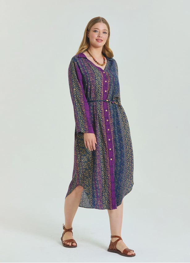 Shirt Collar Belt Detailed Purple Patterned Long Sleeve Plus Size Dress 4612